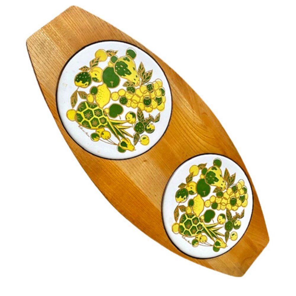 Fred Press Double Trivet Cheese Board Hand Carved Wood Signed Tiles Mid Mod